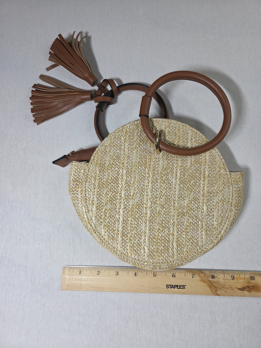 Source Unknown Round Straw Mini Bag with Brown Leather Rings and Tassels
